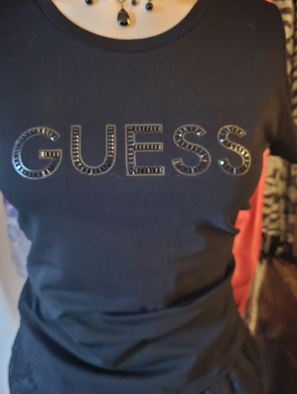 GUESS 2 Pc Black Laser-Cut Neck Short Sleeve Tee And Longer Tee.(159) Only TEES
